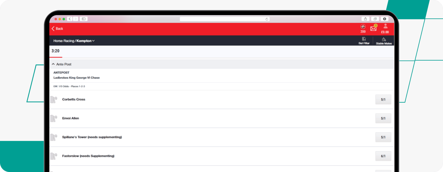 screenshot of ladbrokes king george vi chase odds